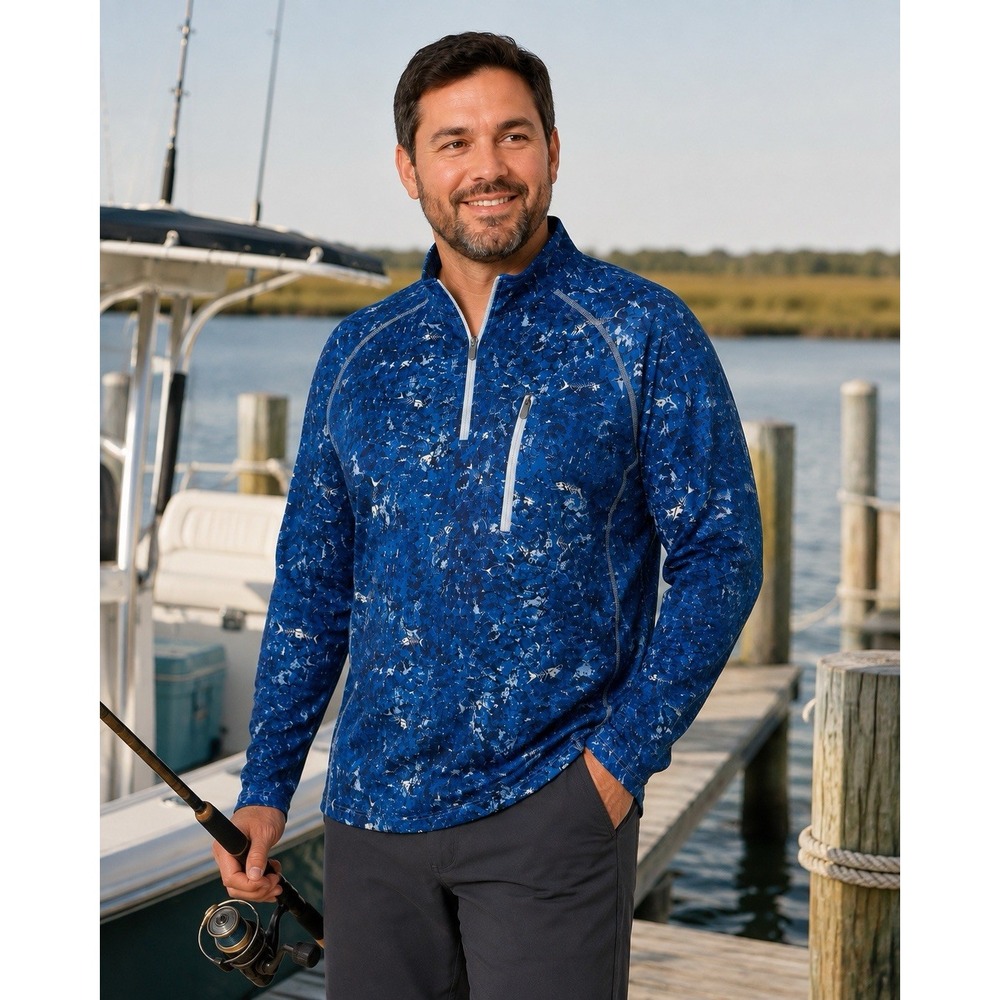 Silver Bait 3X Blue Camo Fishing Shirt Fish Print Quarter Zip Performance